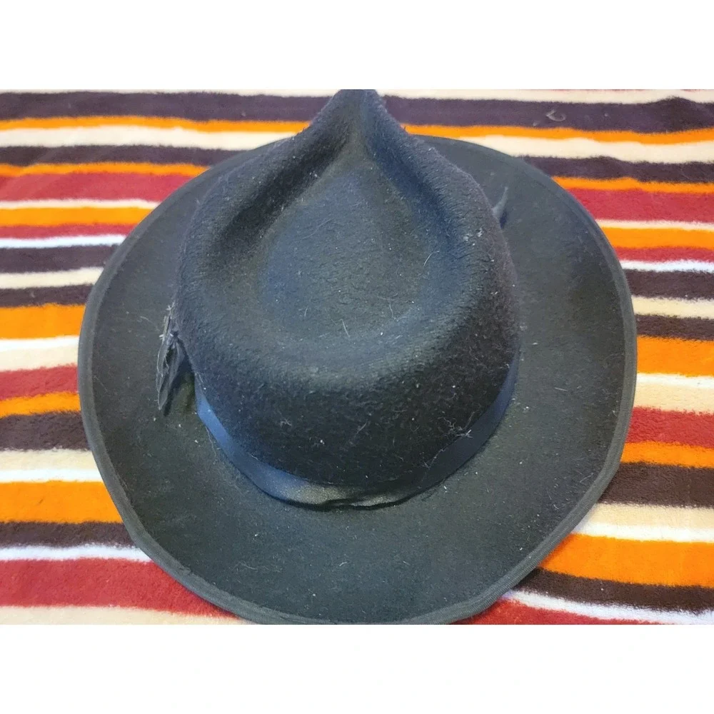 Black Felt Wide‎ Brim Hat Feather Horn Band Handmade Costume Gothic Witch